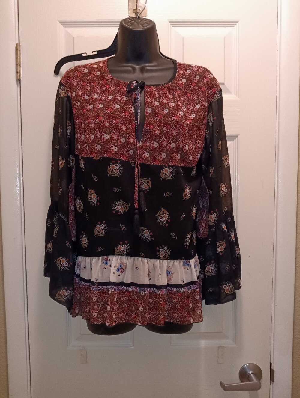 Rebecca Minkhoff Bohemian Floral Patchwork Peasant Blouse - Black & Burgundy